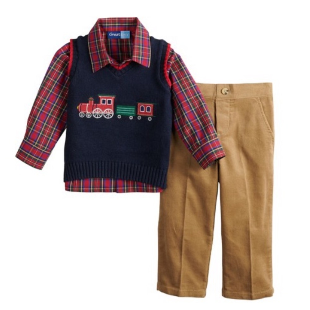 Train Sweater Vest, Plaid Shirt &  Corduroy Pants
